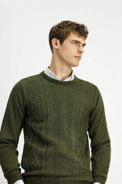 Orta Haki Bisiklet Yaka Regular Fit Desenli Triko Kazak