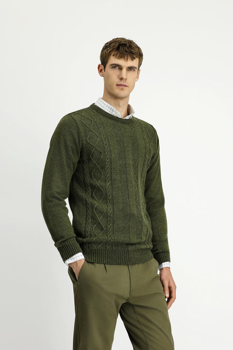 Orta Haki Bisiklet Yaka Regular Fit Desenli Triko Kazak