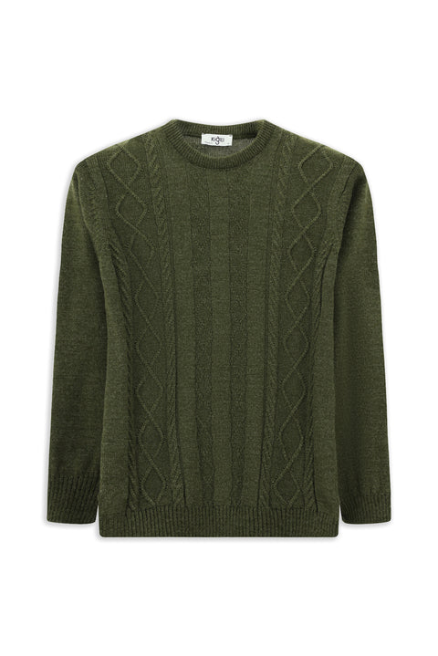 Orta Haki Bisiklet Yaka Regular Fit Desenli Triko Kazak