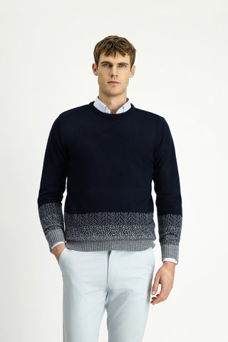  Koyu Lacivert Bisiklet Yaka Regular Fit Desenli Triko Kazak