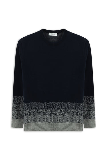 Koyu Lacivert Bisiklet Yaka Regular Fit Desenli Triko Kazak