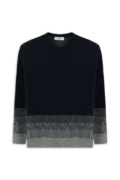 Koyu Lacivert Bisiklet Yaka Regular Fit Desenli Triko Kazak