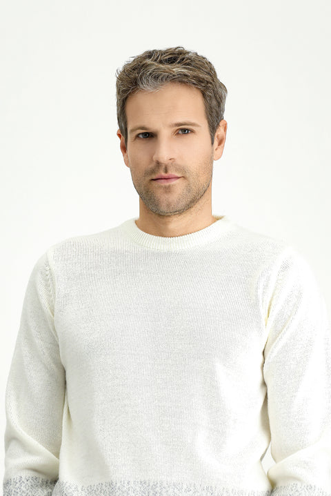 Ekru Bisiklet Yaka Regular Fit Desenli Triko Kazak