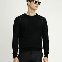 Siyah Bisiklet Yaka Regular Fit Desenli Triko Kazak