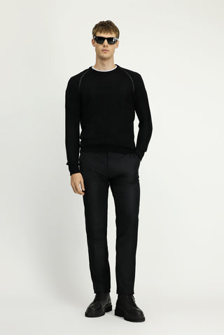  Siyah Bisiklet Yaka Regular Fit Desenli Triko Kazak