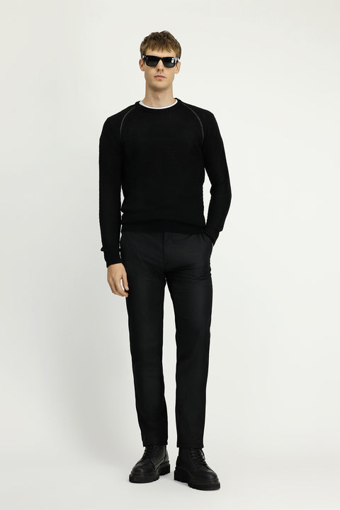 Siyah Bisiklet Yaka Regular Fit Desenli Triko Kazak