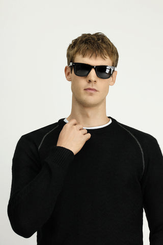  Siyah Bisiklet Yaka Regular Fit Desenli Triko Kazak