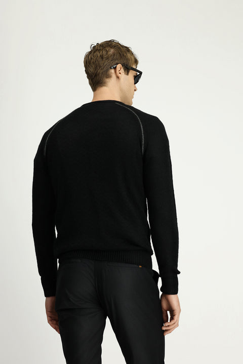 Siyah Bisiklet Yaka Regular Fit Desenli Triko Kazak