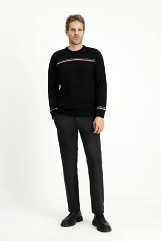  Siyah Bisiklet Yaka Regular Fit Desenli Triko Kazak