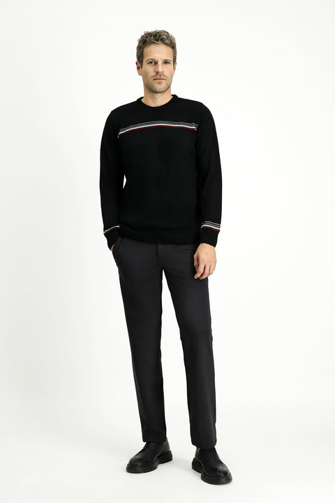 Siyah Bisiklet Yaka Regular Fit Desenli Triko Kazak