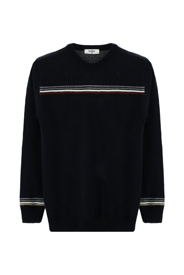 Siyah Bisiklet Yaka Regular Fit Desenli Triko Kazak