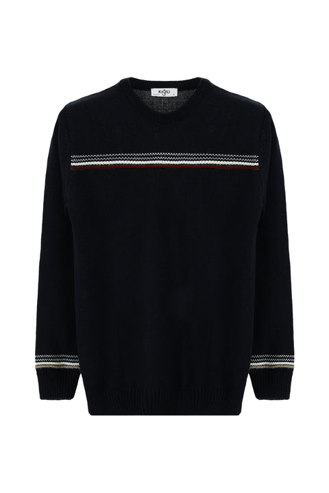 Siyah Bisiklet Yaka Regular Fit Desenli Triko Kazak