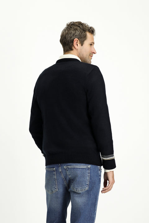 Koyu Lacivert Bisiklet Yaka Regular Fit Desenli Triko Kazak