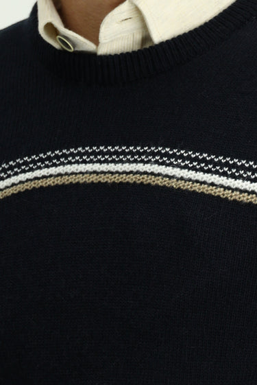 Koyu Lacivert Bisiklet Yaka Regular Fit Desenli Triko Kazak