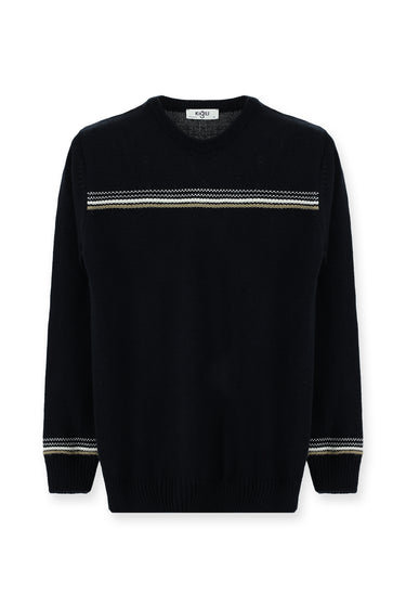 Koyu Lacivert Bisiklet Yaka Regular Fit Desenli Triko Kazak