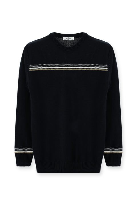 Koyu Lacivert Bisiklet Yaka Regular Fit Desenli Triko Kazak