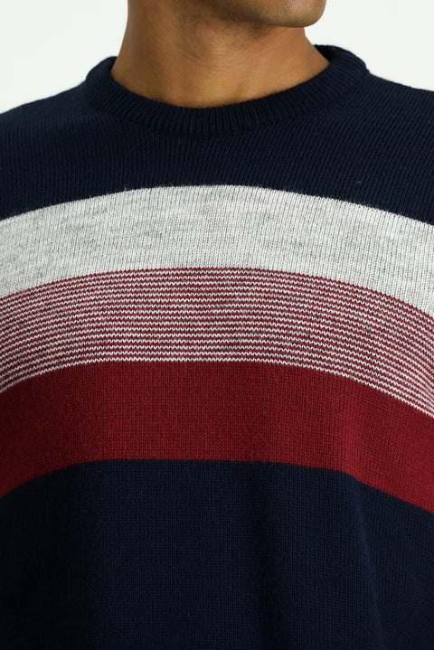 Orta Lacivert Bisiklet Yaka Regular Fit Çizgili Triko Kazak