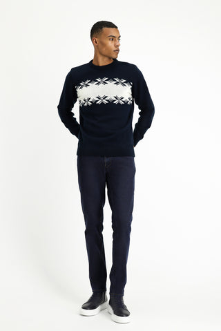  Orta Lacivert Bisiklet Yaka Regular Fit Desenli Triko Kazak