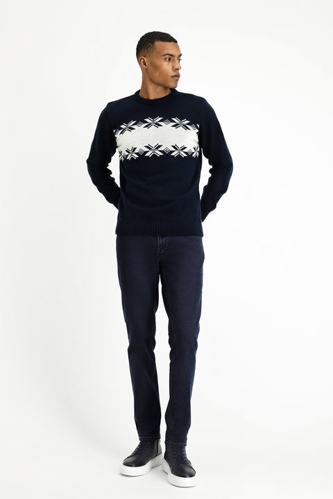 Orta Lacivert Bisiklet Yaka Regular Fit Desenli Triko Kazak