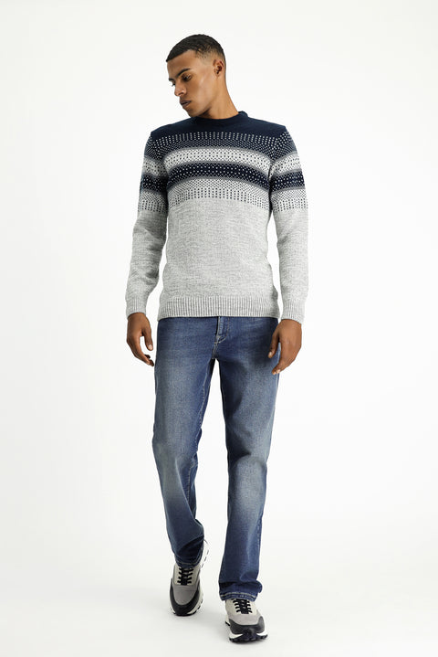 Açık Gri Melanj Bisiklet Yaka Regular Fit Desenli Triko Kazak