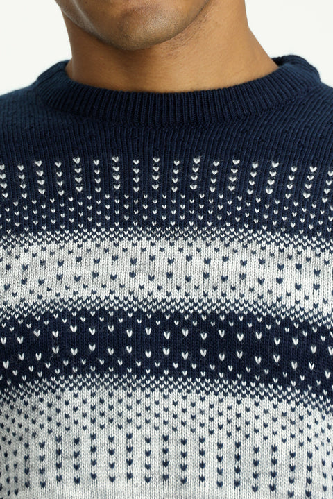 Açık Gri Melanj Bisiklet Yaka Regular Fit Desenli Triko Kazak