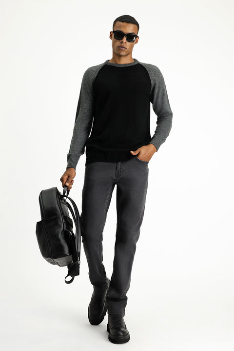 Siyah Bisiklet Yaka Regular Fit Dikişsiz Desenli Triko Kazak