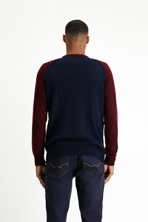 Orta Lacivert Bisiklet Yaka Regular Fit Dikişsiz Desenli Triko Kazak