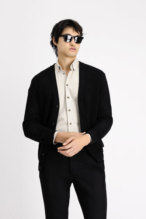 Black Oversize Extra Relaxed Fit Cotton Button-Down Knit Cardigan