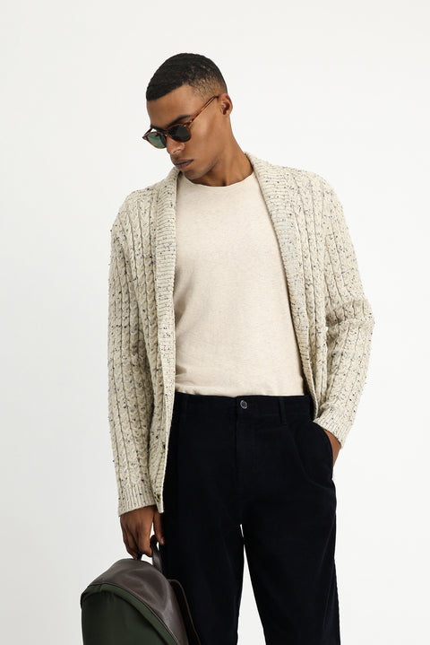 Ekru Şal Yaka Regular Fit Desenli Yünlü Düğmeli Triko Hırka