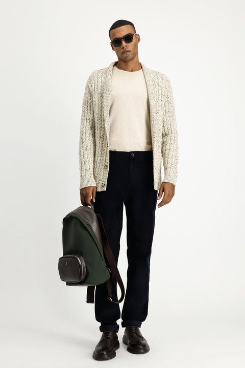 Ekru Şal Yaka Regular Fit Desenli Yünlü Düğmeli Triko Hırka