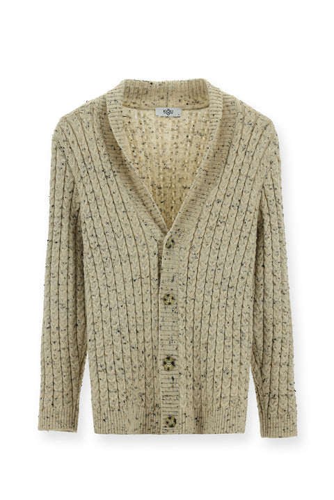 Ekru Şal Yaka Regular Fit Desenli Yünlü Düğmeli Triko Hırka