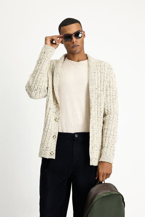 Ekru Şal Yaka Regular Fit Desenli Yünlü Düğmeli Triko Hırka