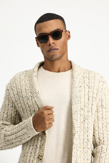 Ekru Desenli Yünlü Triko Hırka