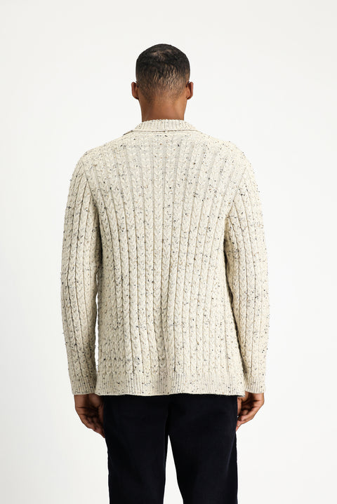 Ekru Şal Yaka Regular Fit Desenli Yünlü Düğmeli Triko Hırka