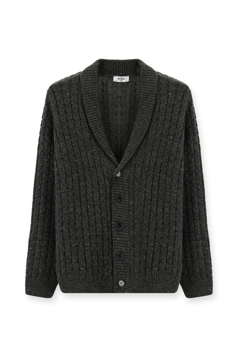 Dark Anthracite Shawl Collar Regular Fit Patterned Wool Buttoned Knit Cardigan