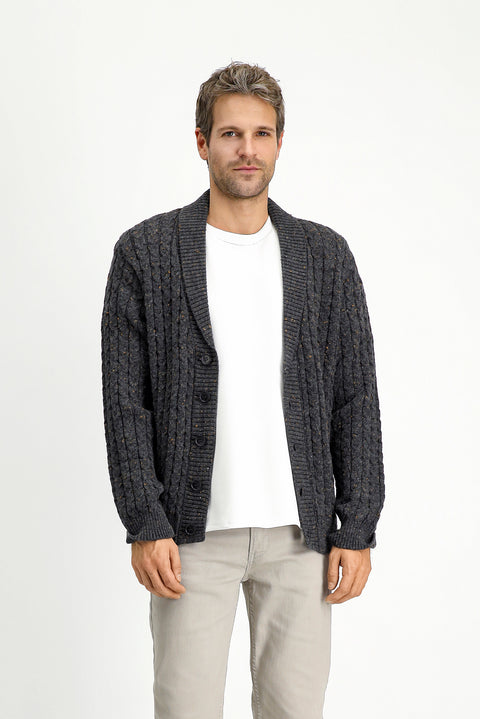 Koyu Antrasit Şal Yaka Regular Fit Desenli Yünlü Düğmeli Triko Hırka