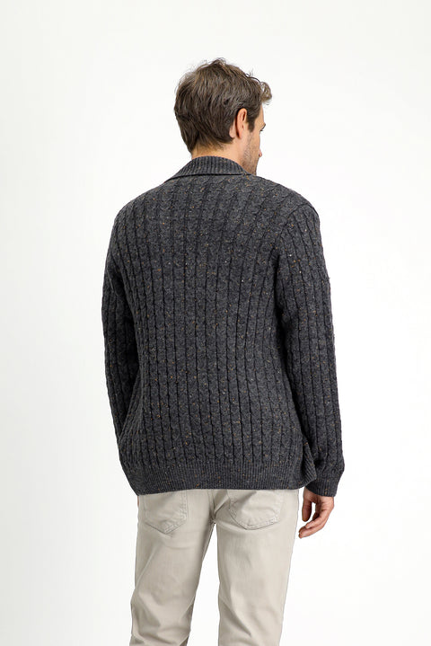 Koyu Antrasit Şal Yaka Regular Fit Desenli Yünlü Düğmeli Triko Hırka