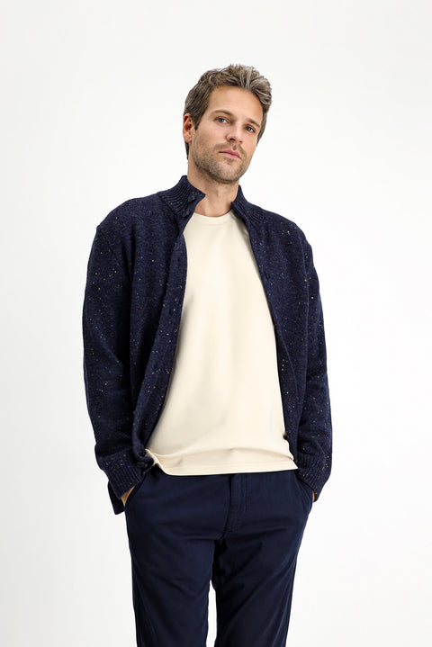 Orta Lacivert Dik Yaka Düğmeli Regular Fit Desenli Yünlü Triko Hırka