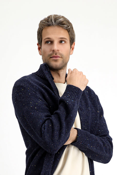 Orta Lacivert Dik Yaka Düğmeli Regular Fit Desenli Yünlü Triko Hırka