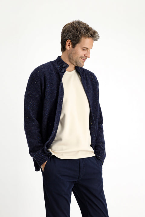 Orta Lacivert Dik Yaka Düğmeli Regular Fit Desenli Yünlü Triko Hırka