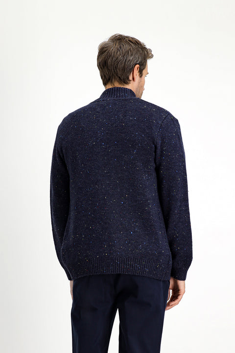 Orta Lacivert Dik Yaka Düğmeli Regular Fit Desenli Yünlü Triko Hırka