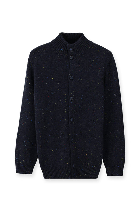 Orta Lacivert Dik Yaka Düğmeli Regular Fit Desenli Yünlü Triko Hırka