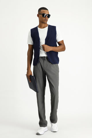  Koyu Lacivert V Yaka Desenli Pamuklu Triko Yelek