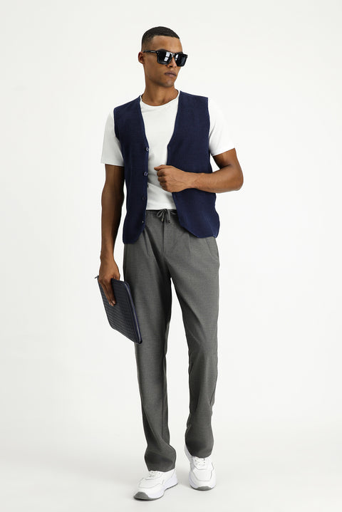 Koyu Lacivert V Yaka Düğmeli Regular Fit Desenli Pamuklu Triko Yelek