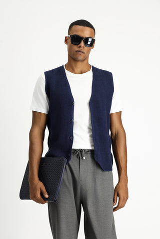  Koyu Lacivert V Yaka Desenli Pamuklu Triko Yelek