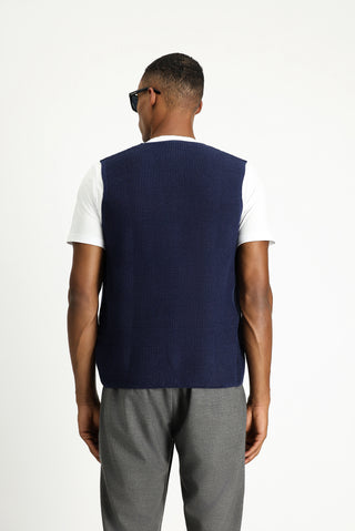  Koyu Lacivert V Yaka Desenli Pamuklu Triko Yelek