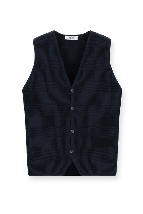 Koyu Lacivert V Yaka Düğmeli Regular Fit Desenli Pamuklu Triko Yelek