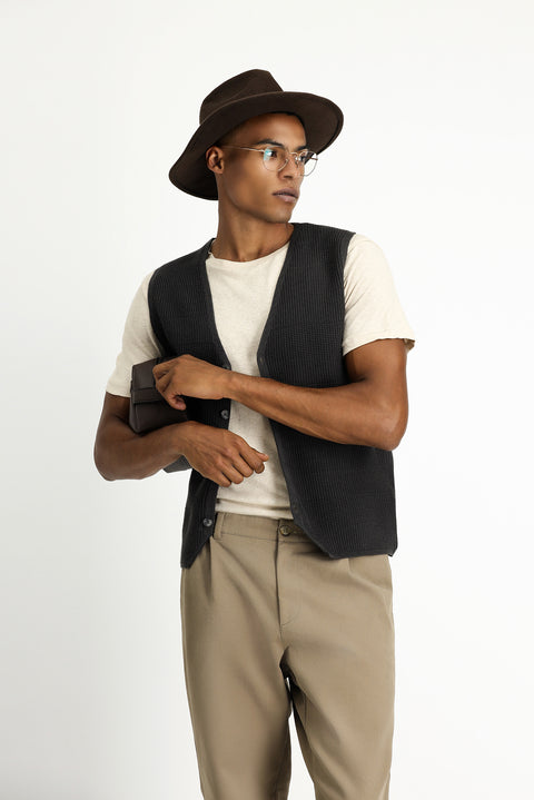 Koyu Antrasit Melanj V Yaka Düğmeli Regular Fit Desenli Pamuklu Triko Yelek