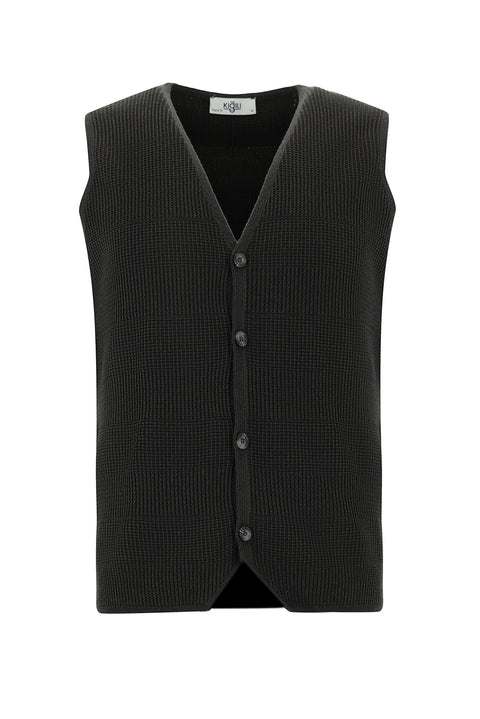 Koyu Antrasit Melanj V Yaka Düğmeli Regular Fit Desenli Pamuklu Triko Yelek