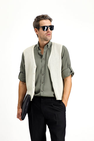  Açık Bej Pamuklu Desenli Triko Yelek